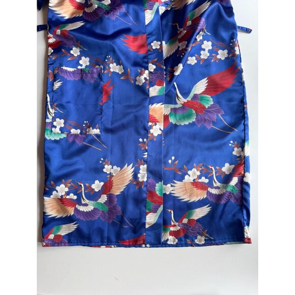 Vintage ICHIBAN Blue Oriental Floral Crane Print Satin Kimono Robe, One Size - Picture 10 of 13